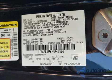 2017 Ford Mustang z USA, uszkodzony, nr VIN 1FA6P8AM6H5342594